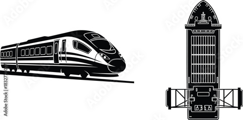 A sleek high speed train and detailed building illustration in monochrome style