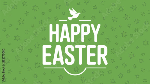 Happy easter greeting with a white dove flying above bold white text on a green background with a repeating star pattern