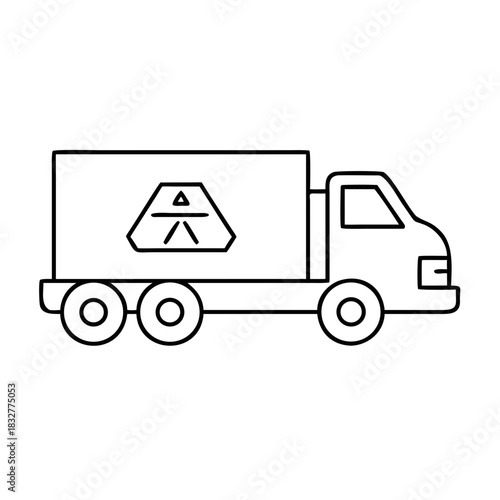 Outline drawing of a delivery truck with symbol on side on transparent background