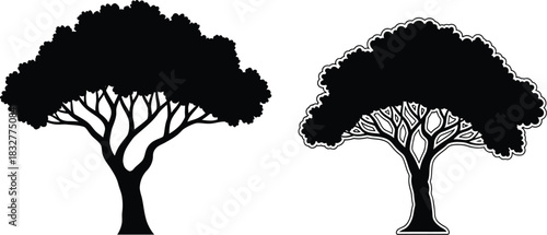 Two silhouetted trees with detailed branches against a white background