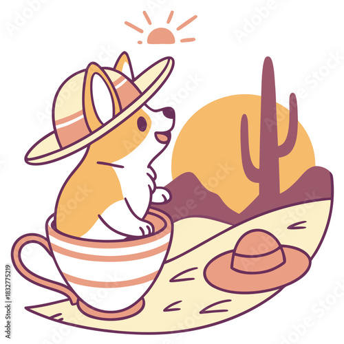 Sundown Glow colored Corgi with a Joyful touch, placed in a Desert sunset theme and styled with in a teacup