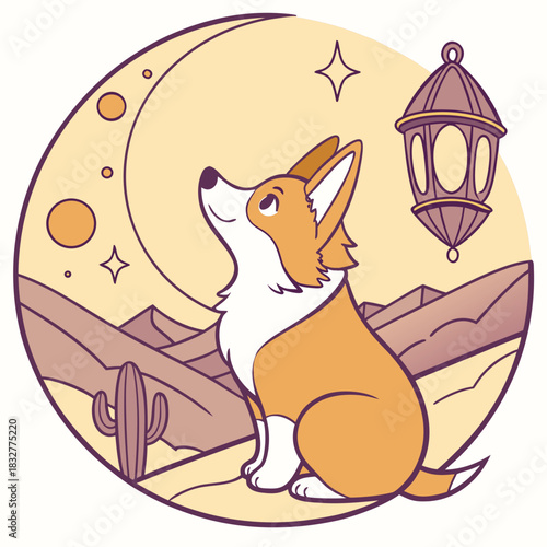 Silly Corgi with sitting on a moon, set in a charming Desert sunset theme – Sundown Glow color vector art