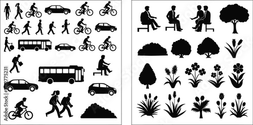 Silhouettes of people vehicles trees and plants in a graphic design