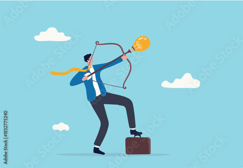 Launch new business idea, creativity to solve problem or creative mind to aim for new goal concept, confidence business man archery aiming lightbulb idea arrow to high target.