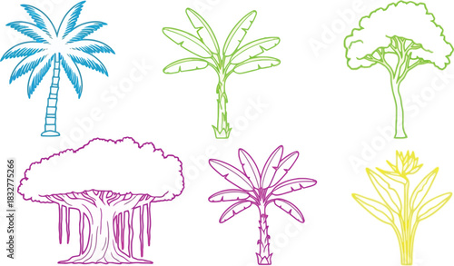 Colorful stylized illustrations of various tropical trees and plants