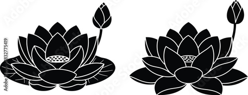 Elegant lotus flower silhouette illustration with buds and leaves for design projects