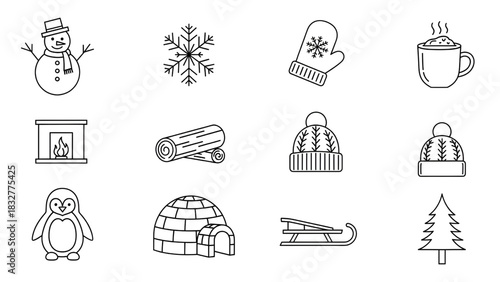 A collection of winter-themed outline icons featuring a snowman, snowflake, mitten, and other seasonal symbols. Vector line art set for cold weather and holiday designs