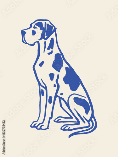 Great dane dog sitting doodle line drawing vector illustration