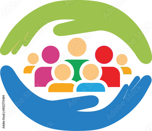 Caring hands protecting a diverse group of people illustration
