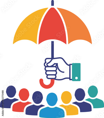 Hand holding umbrella over people group protection and security concept illustration