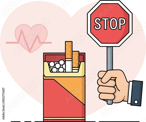 Stop smoking illustration with cigarette pack and heart health awareness