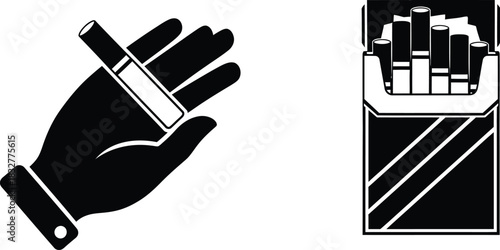 Black and white illustration of hand holding cigarette and pack