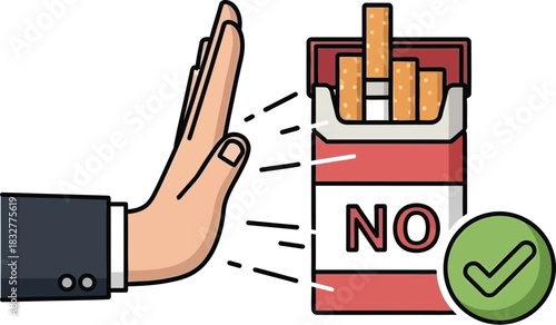 Hand gesture rejecting cigarette pack promoting healthy lifestyle and quitting smoking habit
