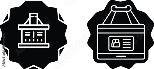 Two distinct black and white icon designs on decorative shapes