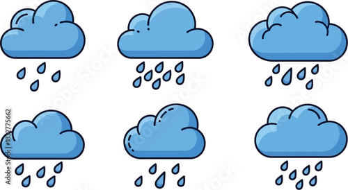 Cartoon clouds with raindrops weather icons set for design elements