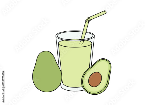 Fresh Avocado Juice in a Glass with Sliced Avocado on a Black Background Simple Flat Design
