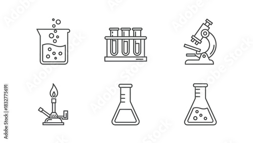 Line art icons of lab equipment beaker, test tube, microscope, bunsen burner, flask