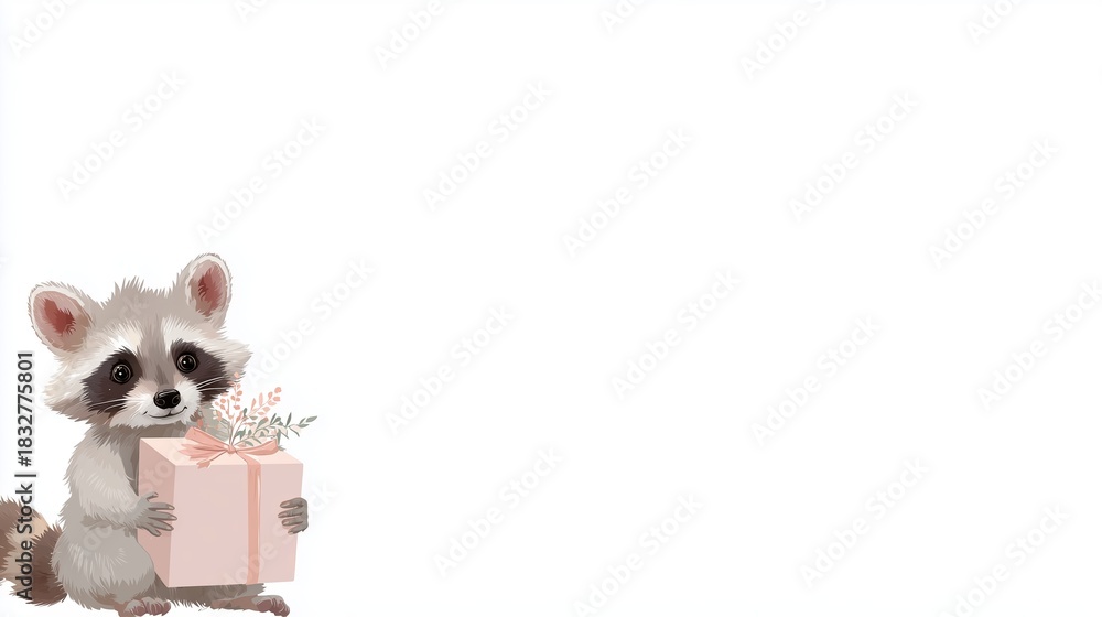 Obraz premium Cute raccoon holding a gift with flowers in a bright, warm setting