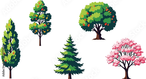 Variety of tree illustrations isolated on a white background