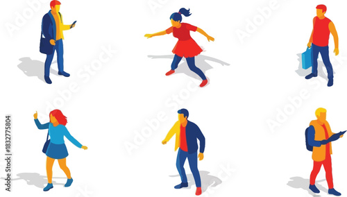 Isometric people walking and standing in various poses with colorful clothing