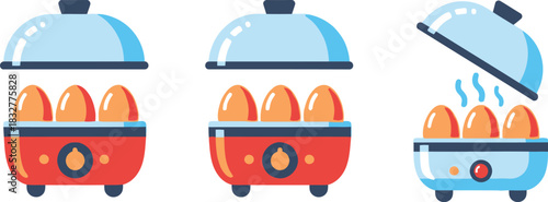 Egg cooker appliance in different stages of cooking on white background