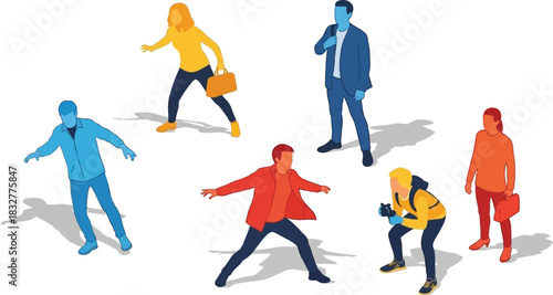 Diverse group of people standing and moving in various poses on white