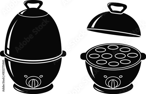 Black and white egg cooker illustration with lid removed