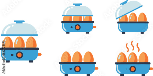 Egg cooker illustration set showing the cooking process and results