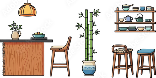 Cozy kitchen interior with bar stools bamboo plant and shelves