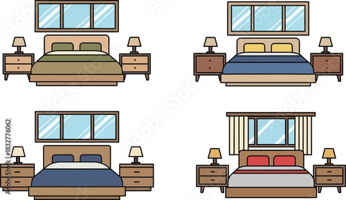 Four bedroom interior designs with beds nightstands and windows