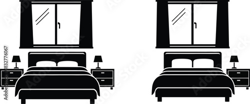 Bedroom interior design with beds windows and nightstands in black and white