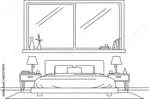 Bedroom interior sketch with fireplace and mirror above bed