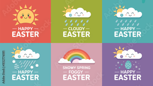 Happy easter illustrations depicting various weather conditions including sunny cloudy rainy snowy and foggy with cute characters and festive elements