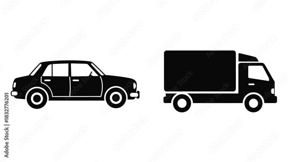 Fototapeta premium Simple black and white car and truck icons for transportation concepts