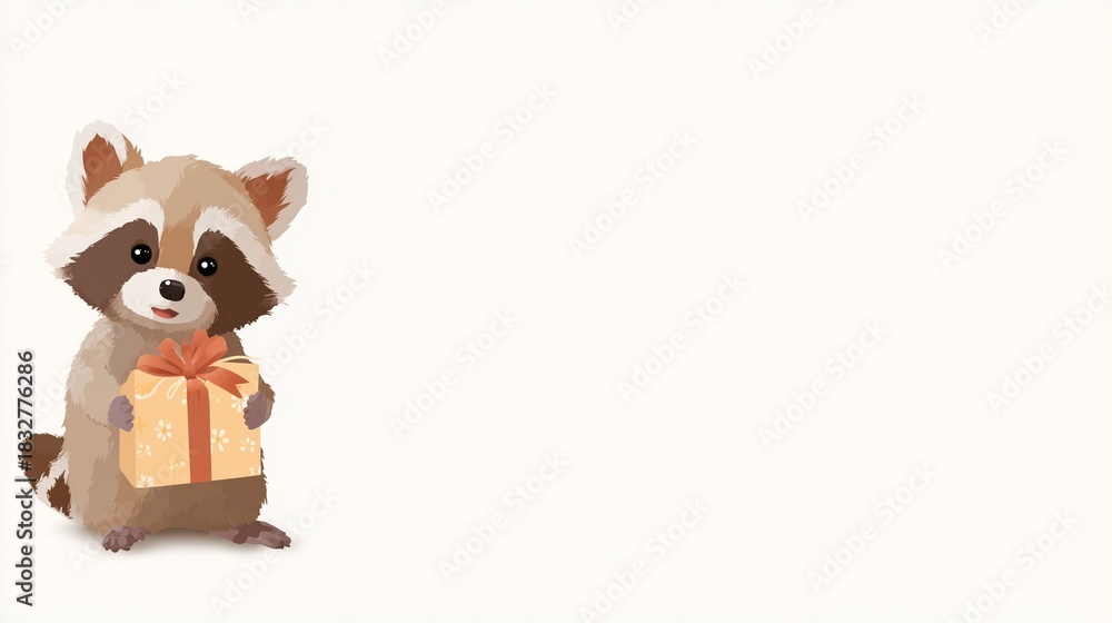 Naklejka premium Cute raccoon holding a gift box in a simple background