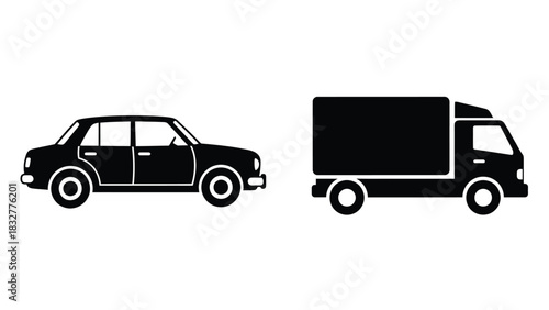 Simple black and white car and truck icons for transportation concepts