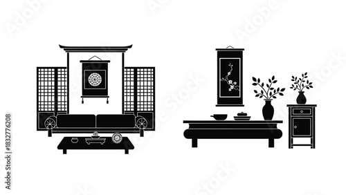 Traditional japanese interior design with furniture and decorations in black and white