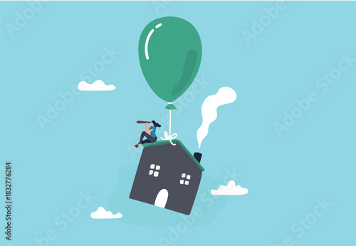 House mortgage interest rate rising up, home loan impact from inflation, real estate price bubble or housing investment opportunity concept, home owner with telescope on flying house with balloon.