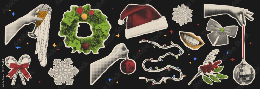 Obraz premium Vintage Christmas halftone stickers set isolated on black. Vector realistic illustration of holiday wreath, Santa hat, X-mas lights, hands holding disco ball and glass of drink, female smiling mouth