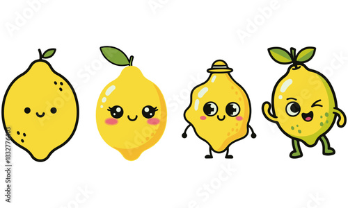 Cute Lemon Characters Illustration Set: Adorable Kawaii Yellow Fruits with Smiling Faces, Blushing Cheeks, Playful Expressions, and Fun Cartoon Styles for Kids’ Designs, Stickers, Printables, 