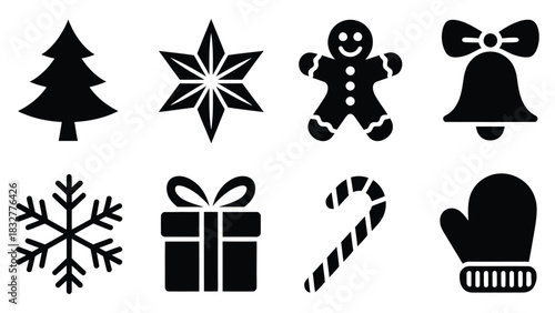  "christmas icon set featuring tree, snowflake, star, gingerbread man, bell, gift box, candy cane and winter mitten in bold black silhouette style for festive holiday designs and decorations"
