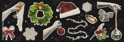 Vintage Christmas halftone stickers set isolated on black. Vector realistic illustration of holiday wreath, Santa hat, X-mas lights, hands holding disco ball and glass of drink, female smiling mouth