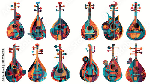 A set of colorful artistic string instruments with abstract shapes and vibrant patterns, showcasing creative musical designs in a modern illustration style.