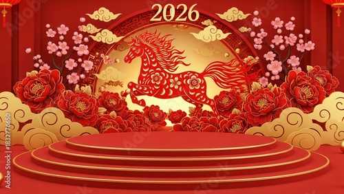 Chinese new year podium with red layered steps, behind it a decorative fire horse made of intricate red-gold paper-cut patterns, 2026 theme