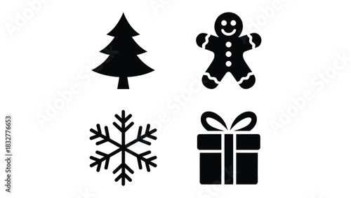 "simple christmas icon set featuring christmas tree, gingerbread man, snowflake and gift box in bold black silhouette style perfect for festive holiday designs, decorations and graphics"
