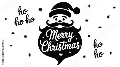  Festive Merry Christmas design featuring a stylized Santa Claus silhouette with decorative beard lettering, ho ho ho text, and scattered snowflake elements for holiday cards, winter greetings and sea