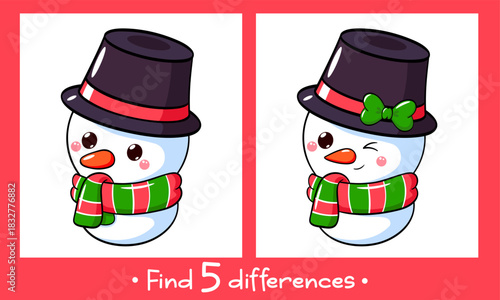 Educational Game for Kids. Find five Differences Activity For Preschool Children. Find 5 differences education game for kids with cute snowman. Merry Christmas theme. Vector Illustration EPS8
