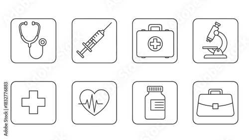 Medical and healthcare line icons set featuring essential tools and equipment