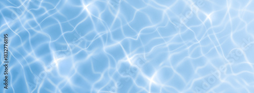 Transparent blue water surface top view. Vector realistic illustration of seamless aqua texture, swimming pool background with light reflection and waves, summer hotel poster, ocean or sea ripple
