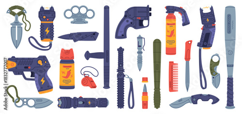 Self-defense Tool and Equipment for Protection Vector Set